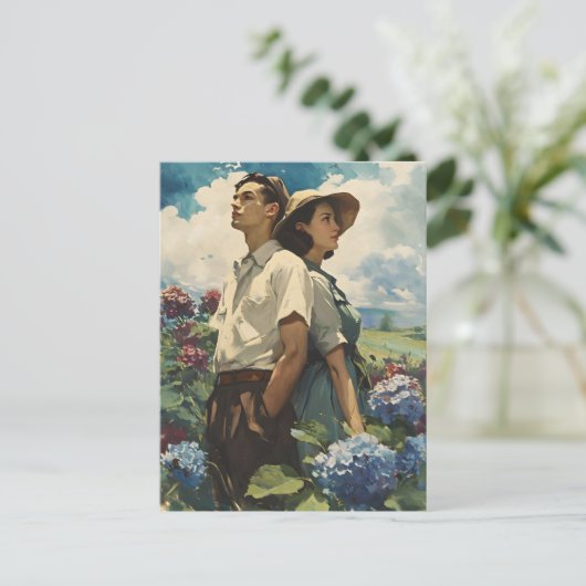 Hydrangea Harmony: Vintage Liebe Postkarte (Stehend Vorderseite)
