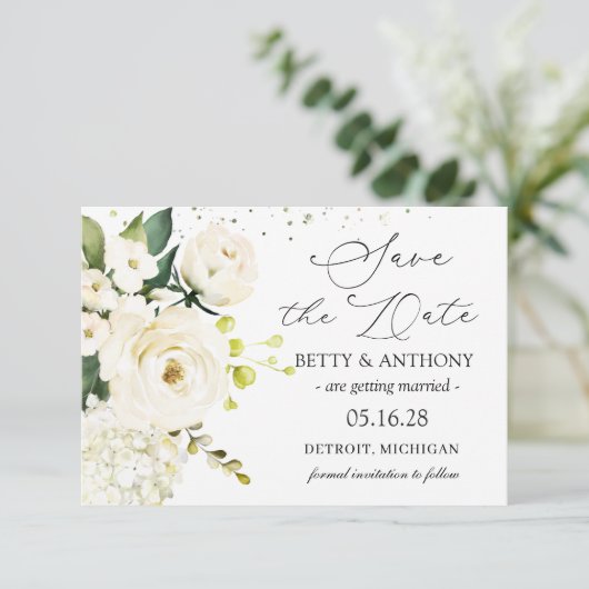 Hydrangea Hochzeit von White Cream Rose retten das Save The Date (Stehend Vorderseite)