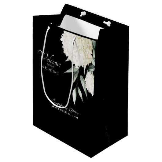 Hydrangea-Hochzeitsnahrung in Schwarz und Weiß Mittlere Geschenktüte (Vorderseite Schrägansicht)