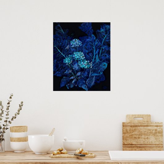 Hydrangea & Horseradish Bläschen Schwarz Blau Poster (Küche)