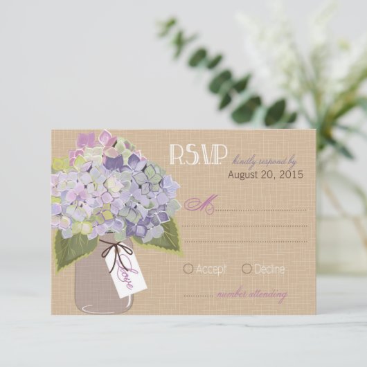 Hydrangea Jar Burlap Rustic RSVP Card (Stehend Vorderseite)