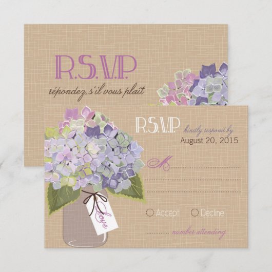Hydrangea Jar Burlap Rustic RSVP Card Karte (Vorne/Hinten)