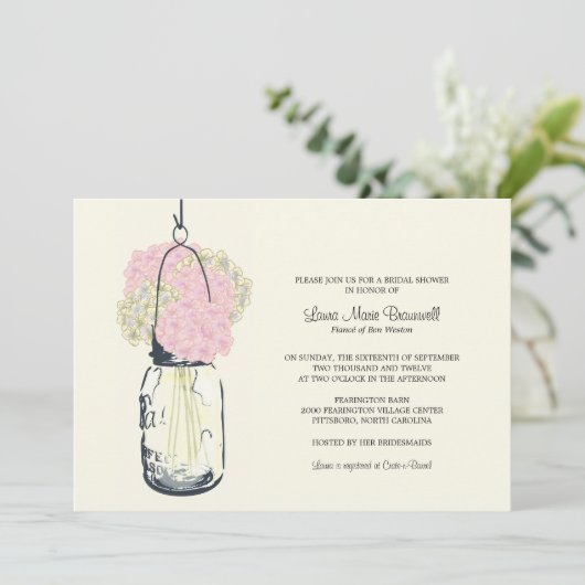 Hydrangea & Mason Jar Brautparty Einladung (Stehend Vorderseite)