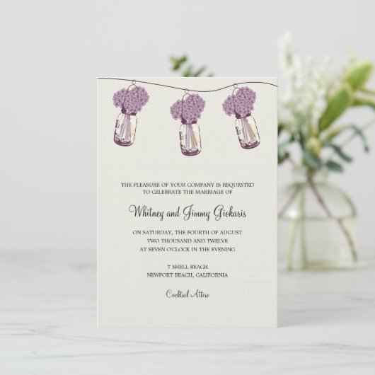 Hydrangea & Mason Jar Hochzeitsempfang Einladung (Stehend Vorderseite)