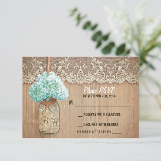 Hydrangea mason jar rustikale Hochzeit RSVP Karten (Stehend Vorderseite)