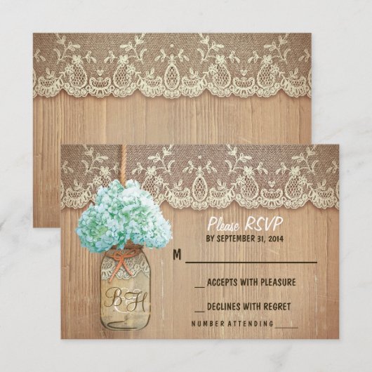 Hydrangea mason jar rustikale Hochzeit RSVP Karten (Vorne/Hinten)