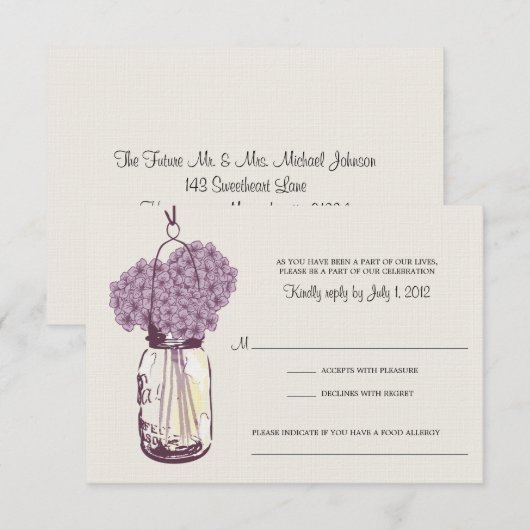 Hydrangea & Mason Jar Wedding RSVP Karte (Vorne/Hinten)