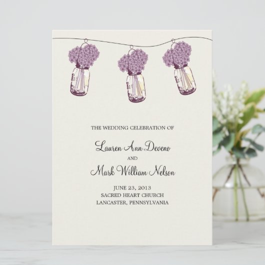 Hydrangea & Mason Jar Zeremony Programm (Stehend Vorderseite)