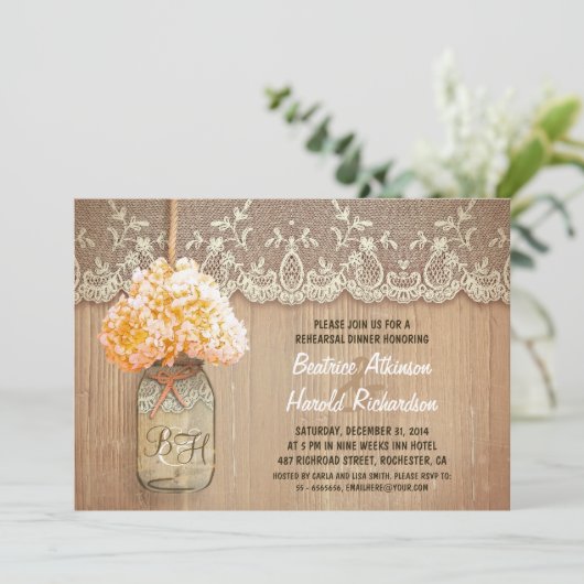 Hydrangea Masson Glas rustikale Probe Abendessen Einladung (Stehend Vorderseite)