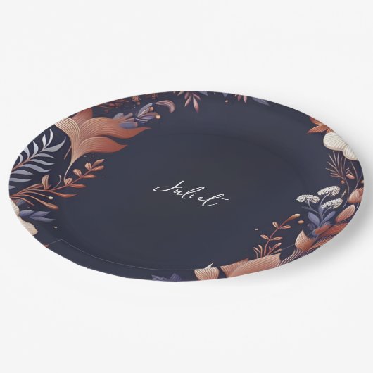 Hydrangea Metallic Pure Navy Blue Brautparty Pappteller (Schrägansicht)