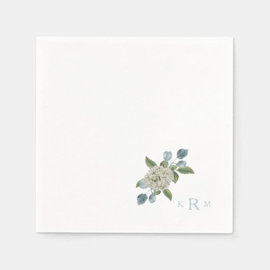 Hydrangea Monogram White & Blue Cocktail Napkins Serviette (Vorderseite)