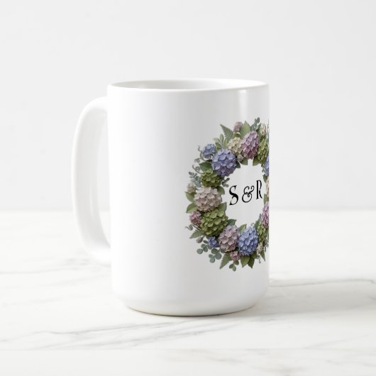 Hydrangea-Monogramm-Hochzeit Kaffeetasse (Vorderseite Links)