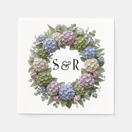 Hydrangea-Monogramm-Kranz-Hochzeit Serviette (Vorderseite)