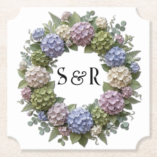 Hydrangea-Monogramm-Kranz-Hochzeit Untersetzer (Vorderseite)