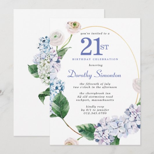 Hydrangea Rose 21. Geburtstag Party Einladung (Vorne/Hinten)