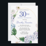 Hydrangea Rose 30. Geburtstag Party Einladung<br><div class="desc">Blaue Hydrangea-Blume und Blüten der Rose schmücken einen goldgelben ovalen Rahmen. Eine offene und luftige moderne botanische.</div>