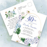 Hydrangea Rose 40. Geburtstag Sommereinladung Postkarte<br><div class="desc">Blaue Hydrangea-Blume und Blüten der Rose schmücken einen goldgelben ovalen Rahmen. Eine offene und luftige moderne botanische.</div>
