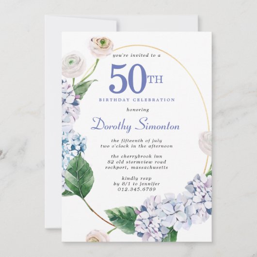 Hydrangea Rose 50. Geburtstagsparty Einladung (Vorderseite)