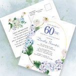 Hydrangea Rose 60. Geburtstag Sommereinladung Postkarte<br><div class="desc">Blaue Hydrangea-Blume und Blüten der Rose schmücken einen goldgelben ovalen Rahmen. Eine offene und luftige moderne botanische.</div>