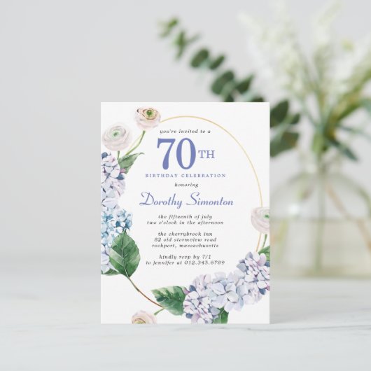 Hydrangea Rose 70. Geburtstag Sommereinladung Postkarte (Stehend Vorderseite)