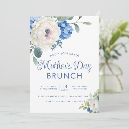 Hydrangea Rose Blumenmutter-Brunch Einladung (Stehend Vorderseite)