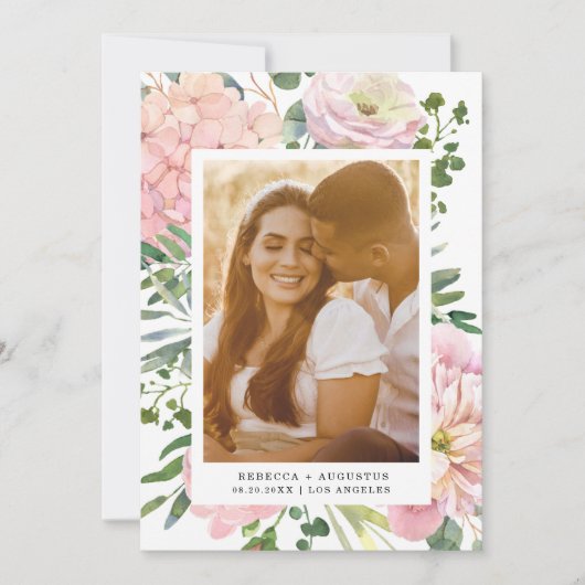 Hydrangea Rose Rosa Aquarellfarben Foto Save The Date (Vorderseite)