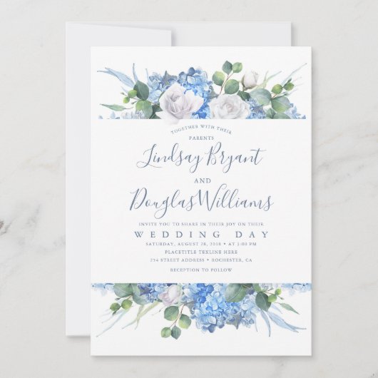 Hydrangea und Greenery Dusty Blue Floral Wedding Einladung (Vorderseite)