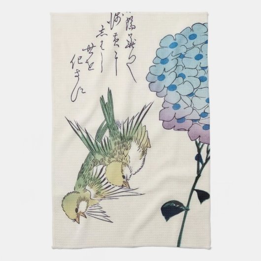 Hydrangea und Grünfinken, Hiroshige, Ukiyo-e Geschirrtuch (Vertikal)