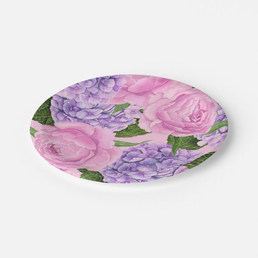 Hydrangea und Torfmuster Pappteller (Schrägansicht)