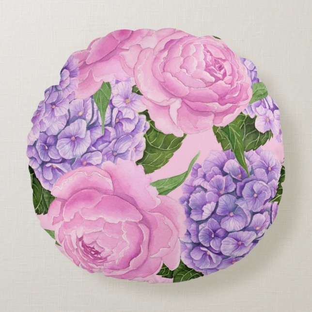 Hydrangea und Torfmuster Rundes Kissen (Vorderseite)