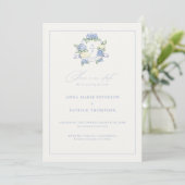 Hydrangea Wappen Blue Elegante Rahmen Foto Hochzei Save The Date (Stehend Vorderseite)