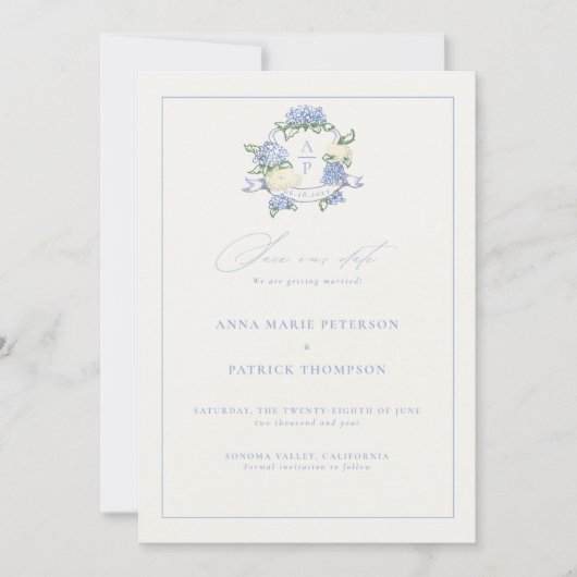 Hydrangea Wappen Periwinkle Blue Elegante Hochzeit Save The Date (Vorderseite)