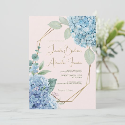 Hydrangea Wasserfarbe Rosa rosa blaue Hochzeit Einladung (Stehend Vorderseite)