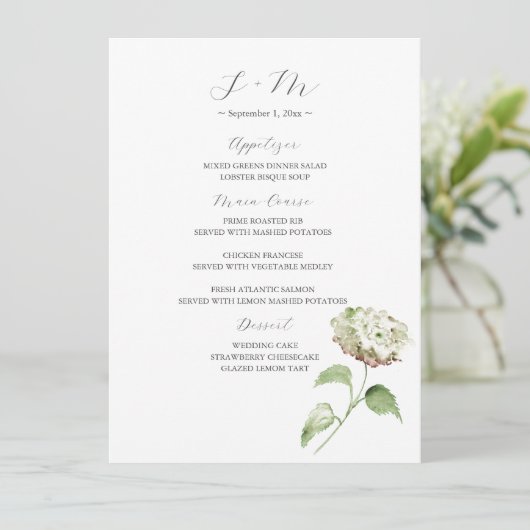 Hydrangea Wedding Table Decor | Menu Menükarte (Stehend Vorderseite)
