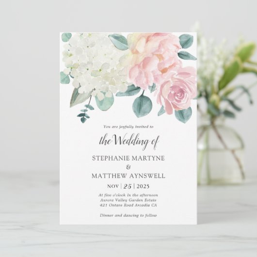 Hydrangea White Elegant Dusty Rose Peony Wedding Einladung (Stehend Vorderseite)