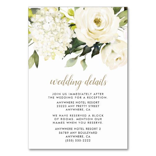 Hydrangea White Gold Floral Wedding Card Tischnummer (Vorderseite)