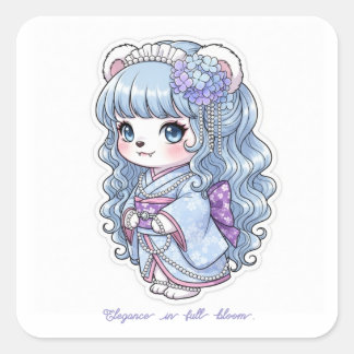 Hydrangea Yukata Bear - Pastel Hair&Pearl Elegance Quadratischer Aufkleber