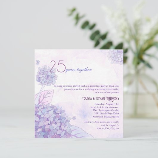 Hydrangeas 25. Hochzeitstag Einladung (Stehend Vorderseite)