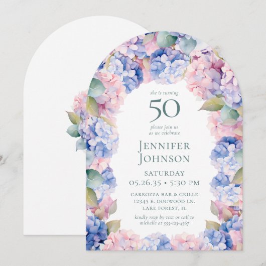 Hydrangeas 50. Geburtstagsparty Einladung (Vorne/Hinten)