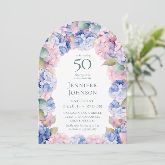 Hydrangeas 50. Geburtstagsparty Einladung (Stehend Vorderseite)
