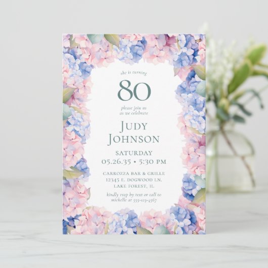 Hydrangeas 80. Geburtstagsparty Einladung (Stehend Vorderseite)