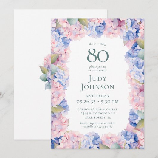 Hydrangeas 80. Geburtstagsparty Einladung (Vorne/Hinten)