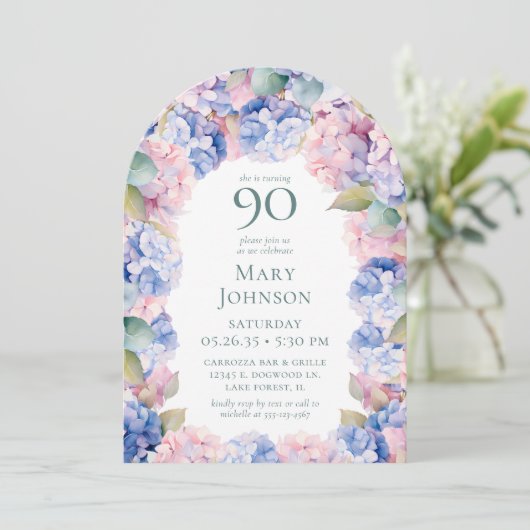 Hydrangeas 90. Geburtstagsparty Einladung (Stehend Vorderseite)