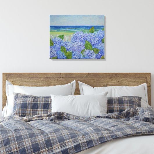 Hydrangeas am Meer: überfüllte Canvas Leinwanddruck (Insitu (Schlafzimmer))
