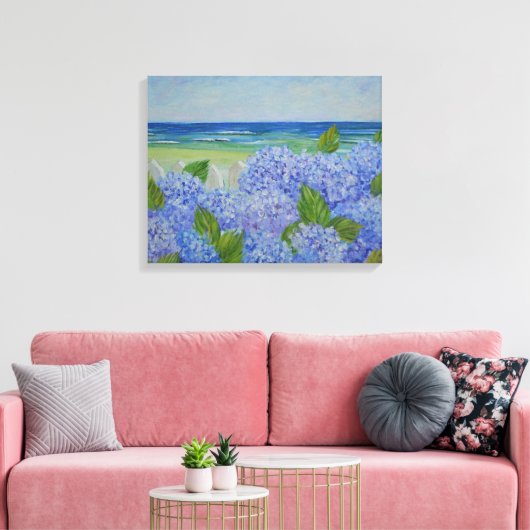 Hydrangeas am Meer: überfüllte Canvas Leinwanddruck (Insitu (Wohnzimmer))