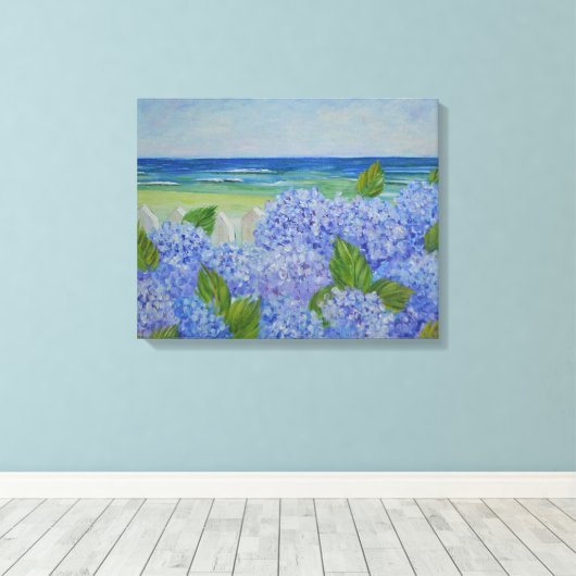 Hydrangeas am Meer: überfüllte Canvas Leinwanddruck (Insitu (Holzboden))