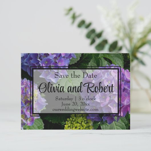 Hydrangeas blauer lila Blumengarten Save The Date (Stehend Vorderseite)