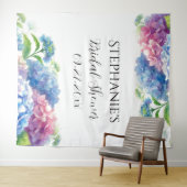 Hydrangeas Blue Floral Brautparty Foto Booth Wandteppich (Beispiel (Horizontal))