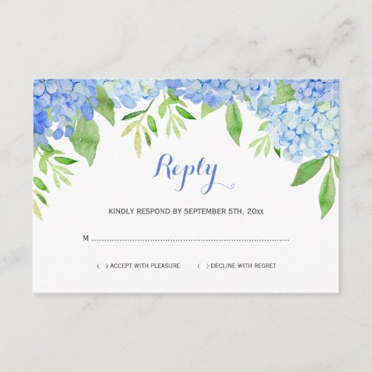 Hydrangeas Blue Floral Wedding RSVP Begleitkarte (Vorderseite)