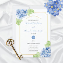 Hydrangeas Blue Gold Rahmen Hochzeitseinladung